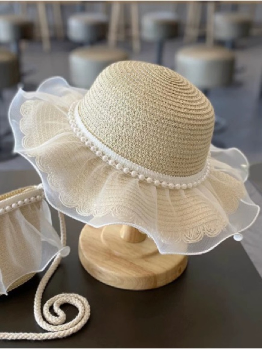Kids Beige Frilled Sun Hat with Pearl Trim